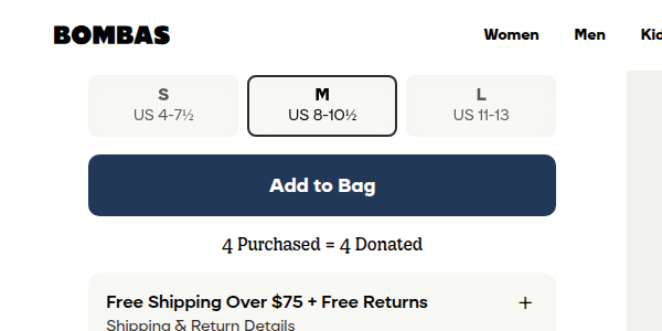 Bombas trust accordion below the Add to Bag button